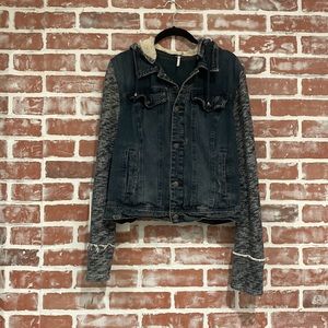 Women's Free People Black Denim Mixed Media Knit Sleeves Hoodie Jacket Large